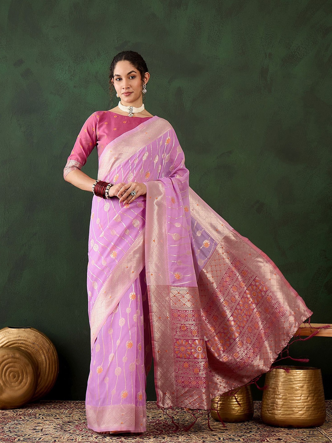 

HERE&NOW Ethnic Motifs Zari Banarasi Saree, Lavender