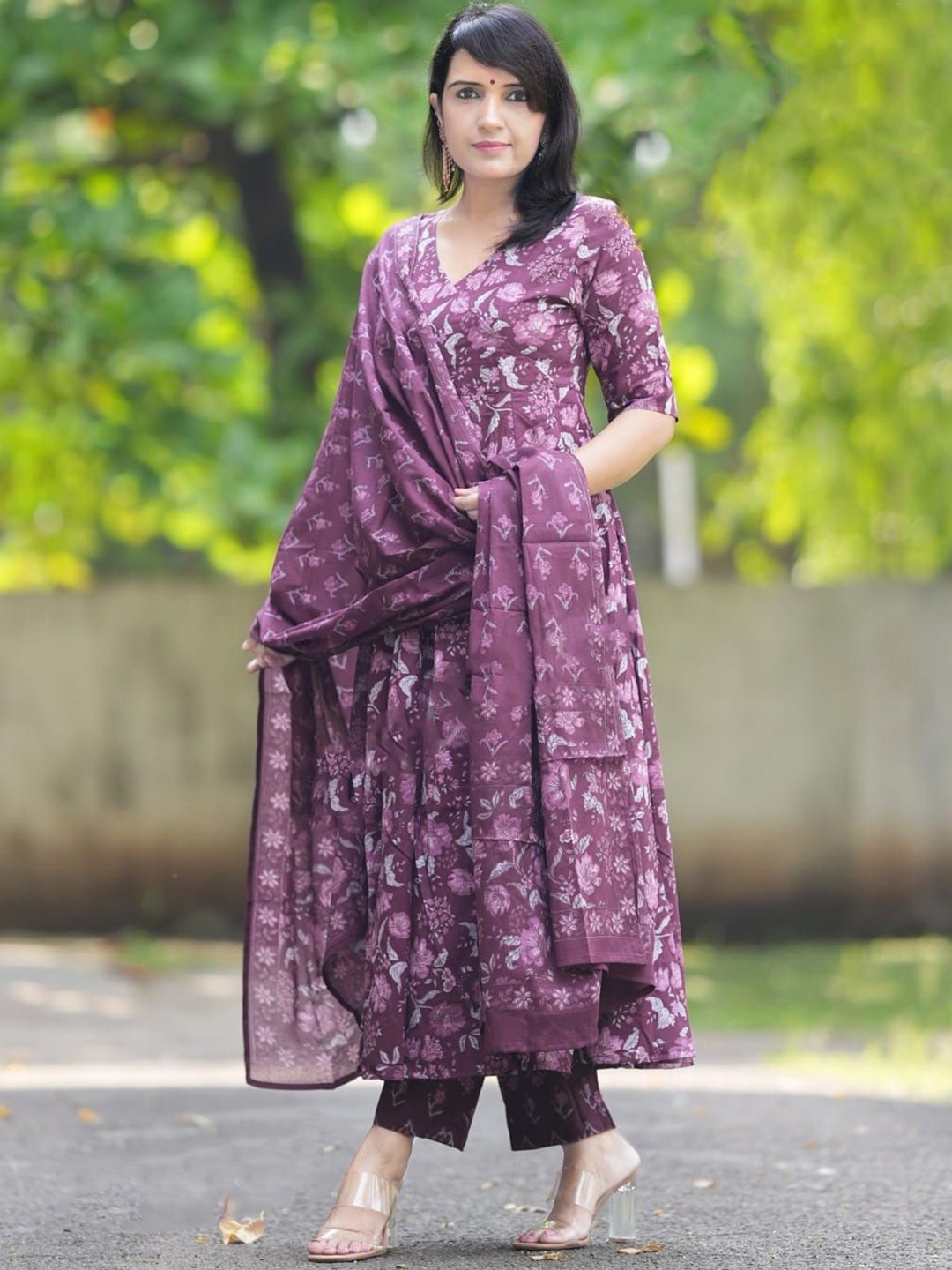 

KALINI Floral Printed V-Neck Anarkali Kurta With Trousers And Dupatta, Purple