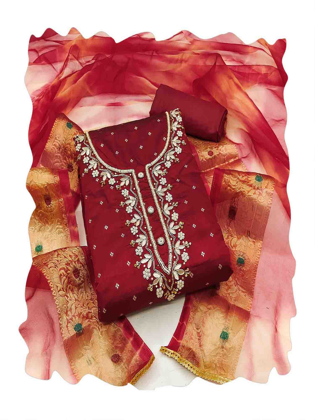 

NEGRONI Floral Embroidered Sequinned Unstitched Dress Material, Maroon