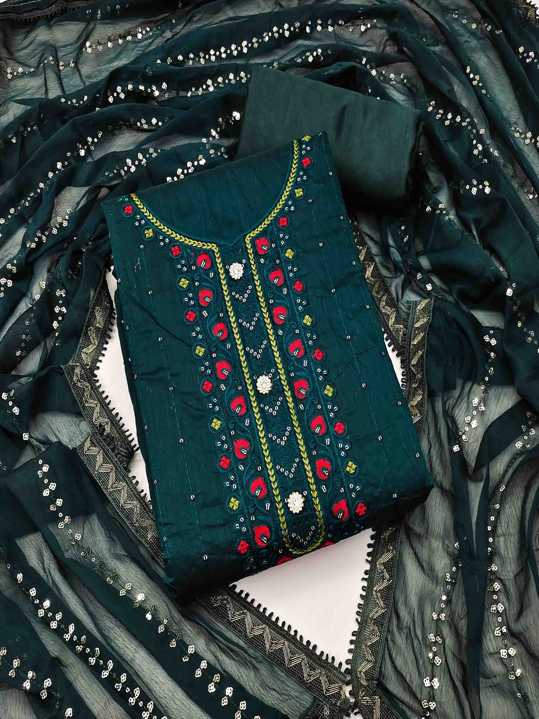 

Blissta Ethnic Motifs Sequinned Embroidered Unstitched Dress Material, Green