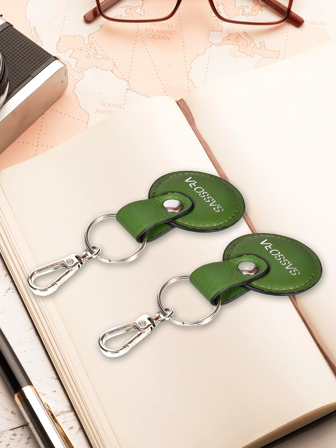 

Sassora Set Of 2 Printed Round Shape Genuine Leather Key Chains, Green
