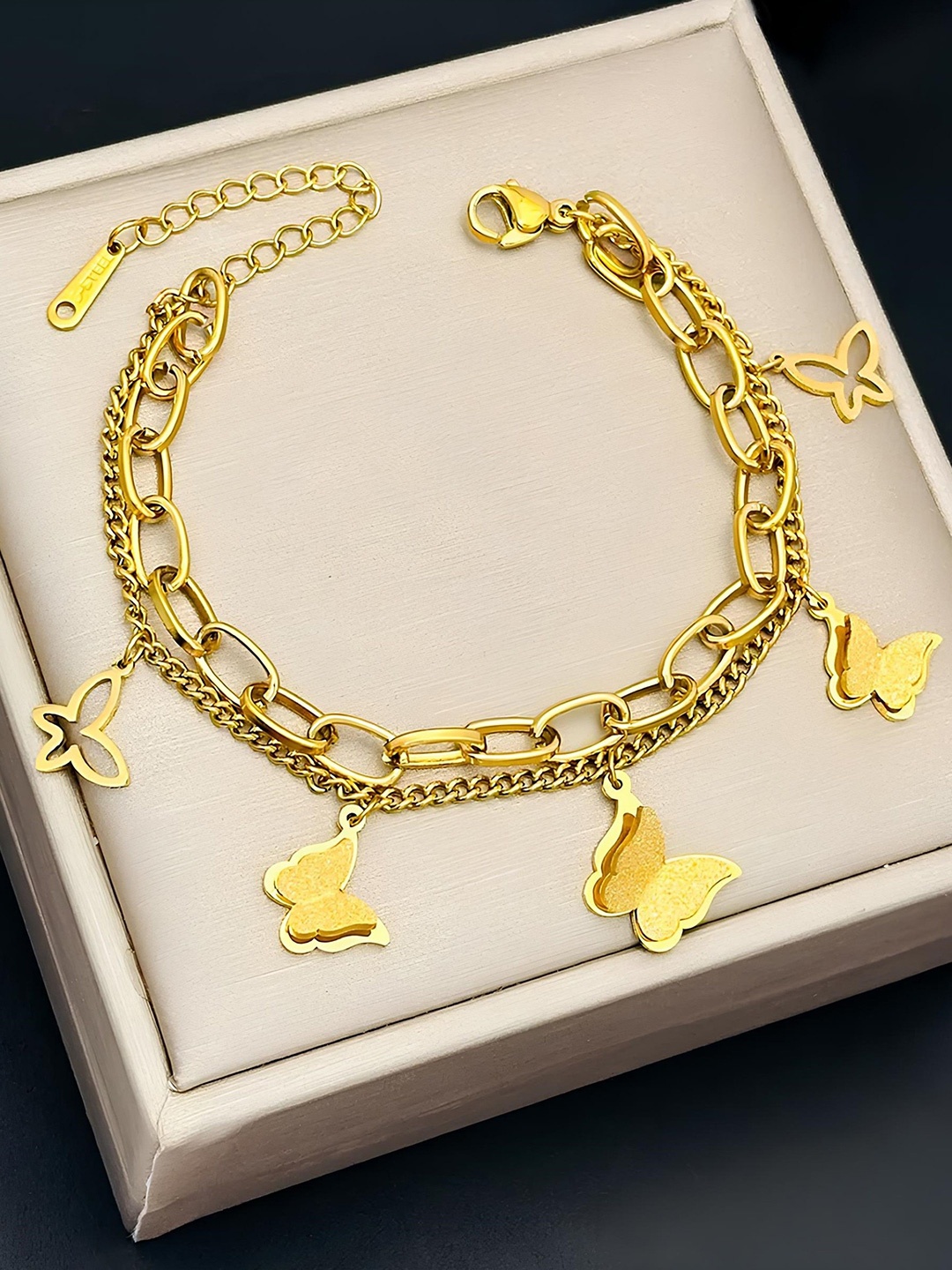 

KARISHMA KREATIONS Stainless Steel Gold-Plated Butterfly Charm Anti-Tarnish Bracelet