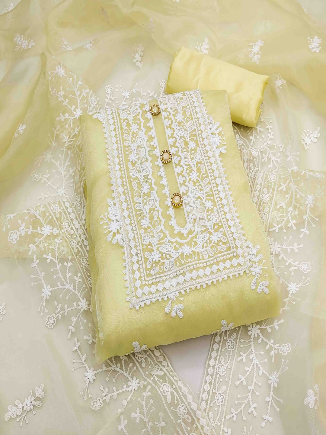 

KIMISHA Floral Embroidered Organza Unstitched Dress Material, Yellow