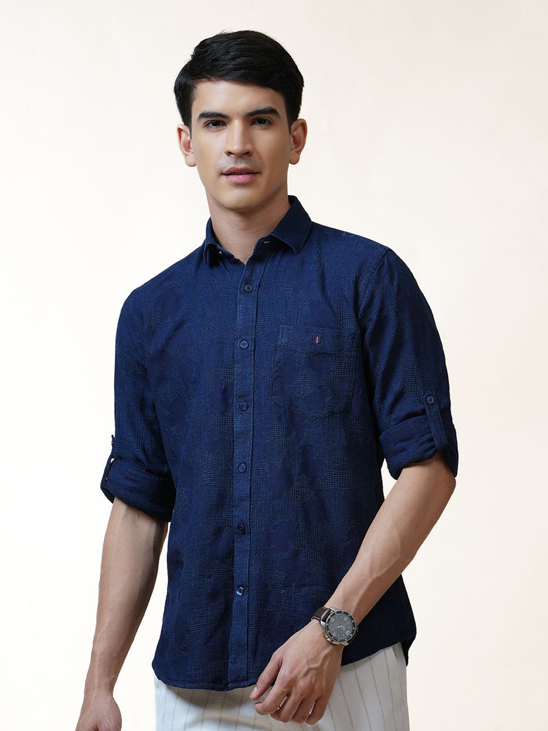 

OTTO Men Trim Slim Fit Opaque Casual Shirt, Navy blue