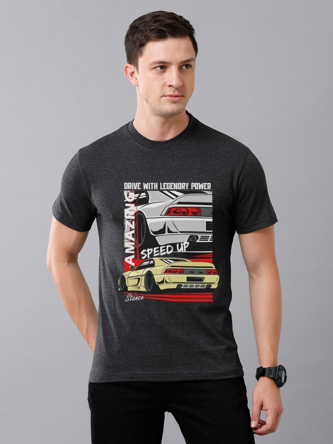

Moda Rapido Men Cars Graphic Printed Round Neck Cotton T-shirt, Charcoal