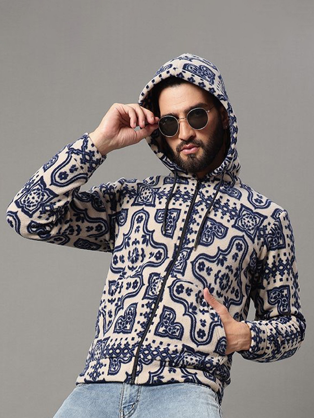

OGEN Men Printed Hooded Sweatshirt, Beige