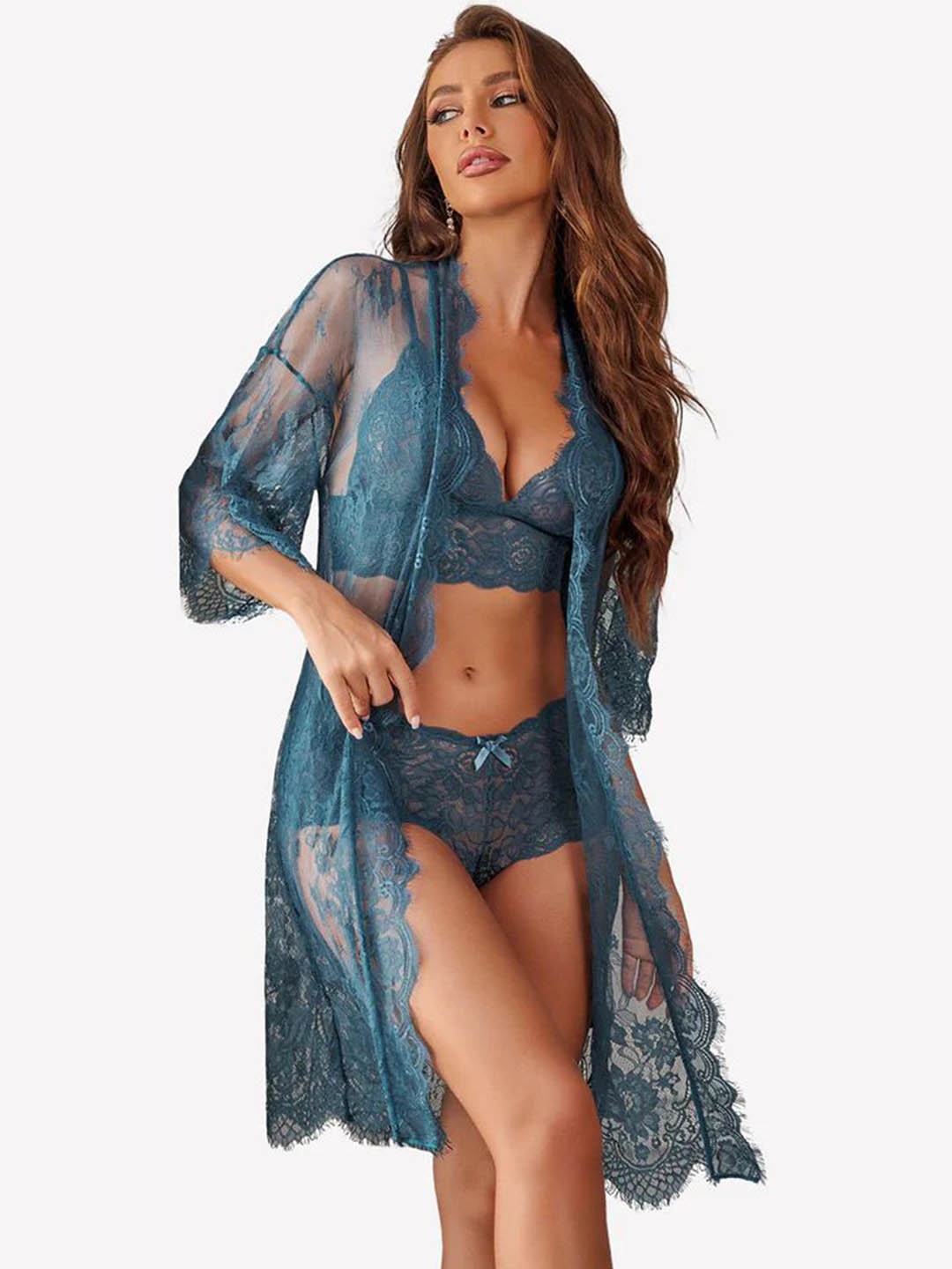 

new blue eyes Women Floral Lace Baby Doll With Robe, Teal