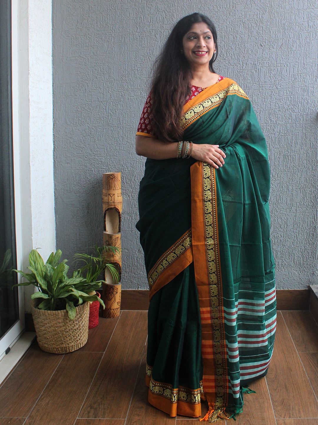 

Weaves of Tradition Pure Cotton Narayan Peth Saree, Green