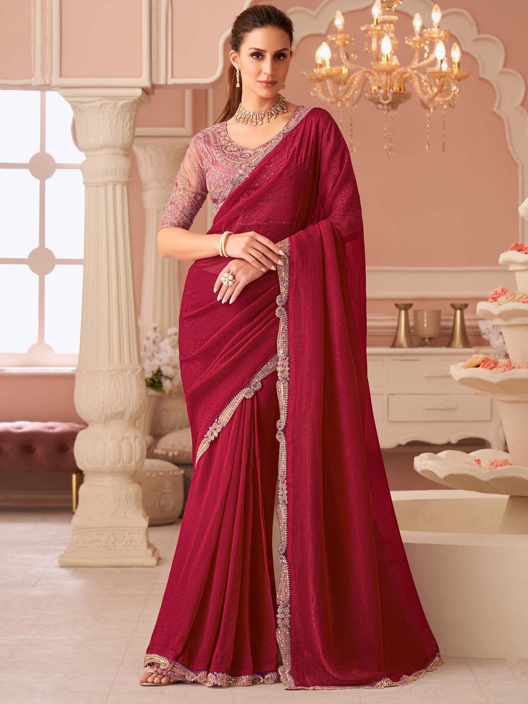 

Mitera Sequinned Pure Georgette Saree, Pink