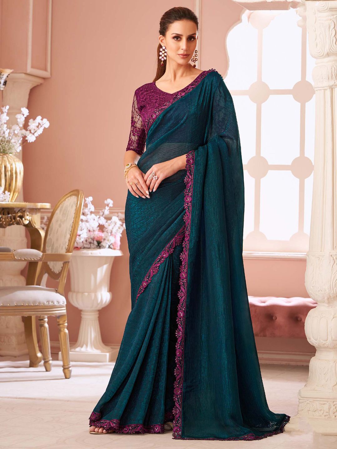 

Mitera Sequinned Pure Georgette Designer Saree, Teal