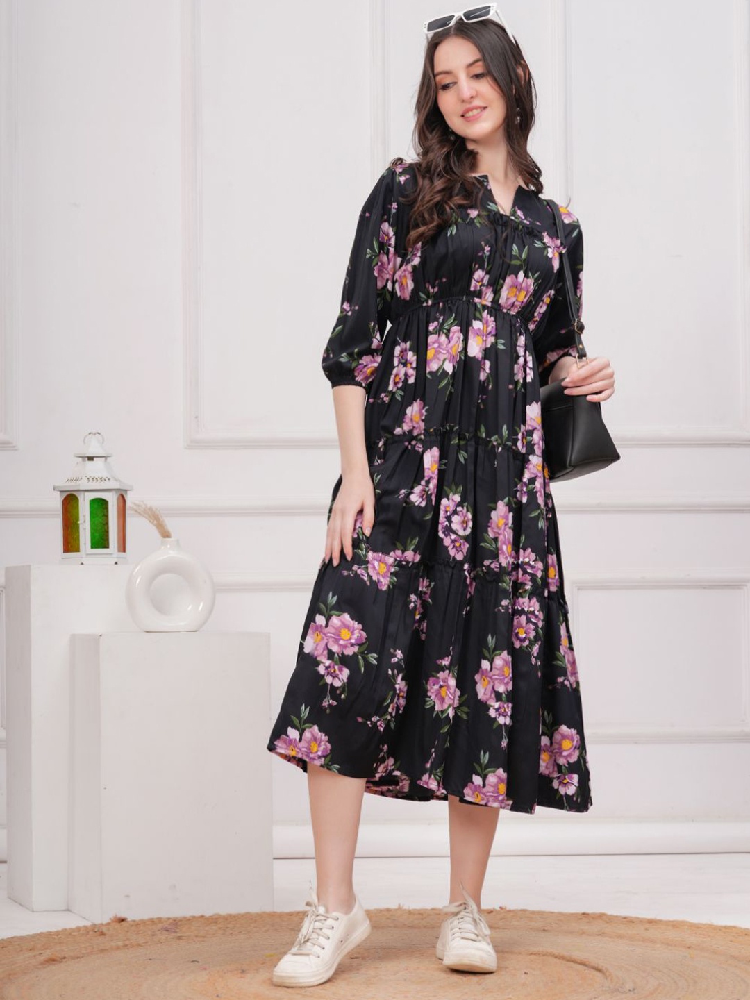 

HIGHLIGHT FASHION EXPORT Floral Crepe Formal Fit & Flare Midi Dress, Black