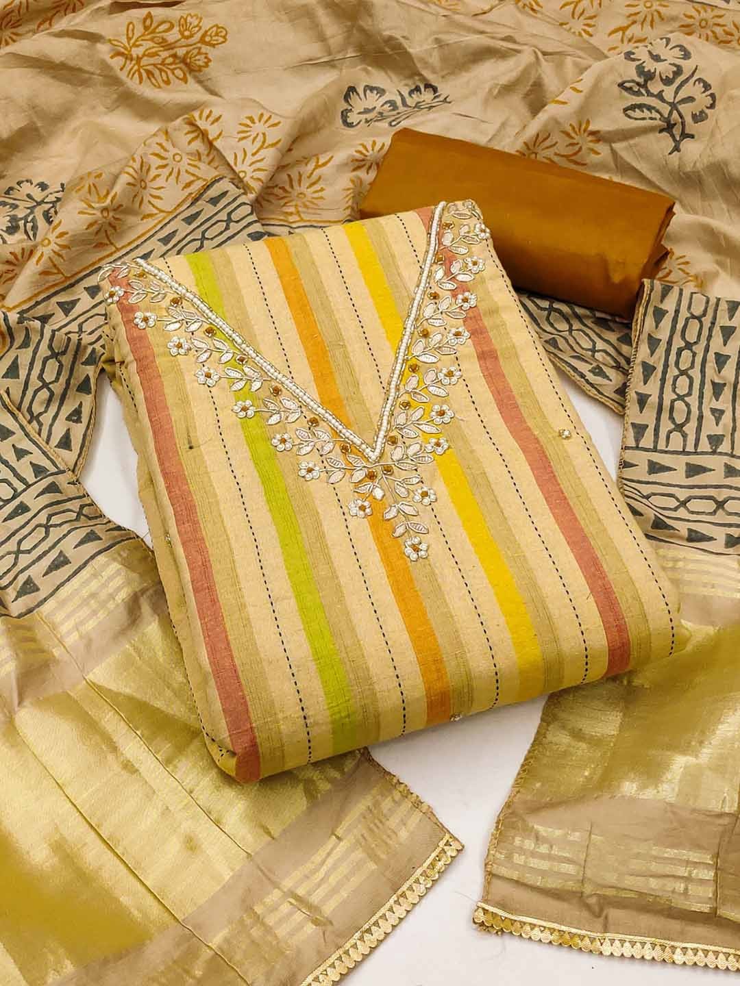 

NEGRONI Striped Printed Beads And Stones Unstitched Dress Material, Beige