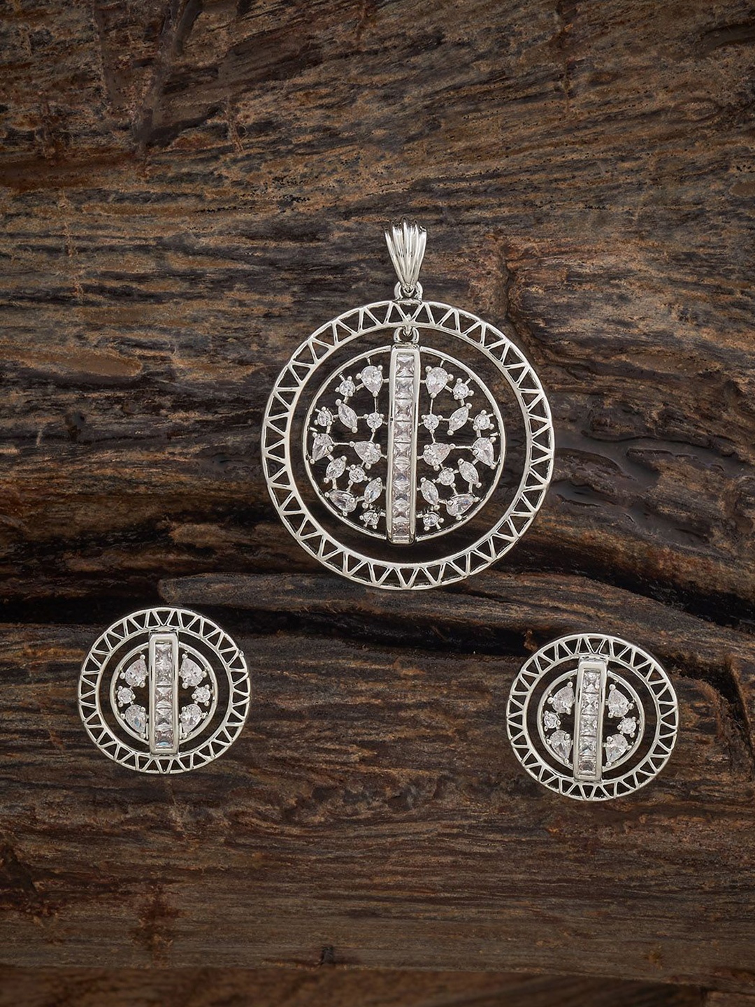 

Kushal's Fashion Jewellery Rhodium-Plated Cubic Zirconia-Studded Pendant and Earrings, Silver