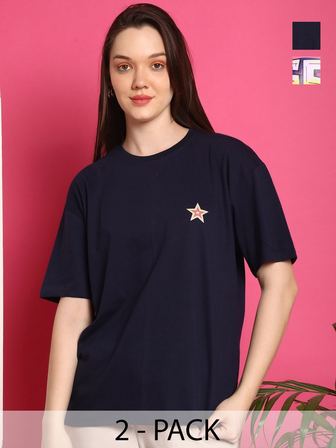 

Metronaut Women Pack Of 2 Typography Printed Round Neck Cotton Oversized T-shirts, Navy blue