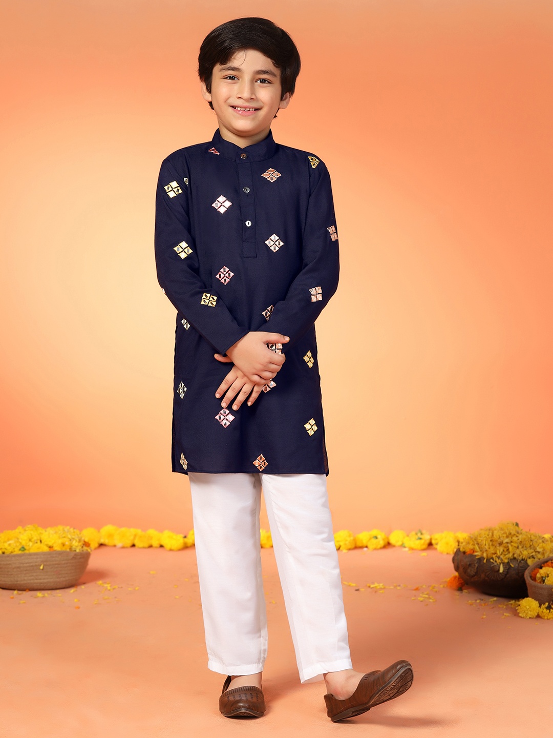

Sangria Boys Blue Band Collar Geometric Embroidered Mirror Work Kurta And Pyjama