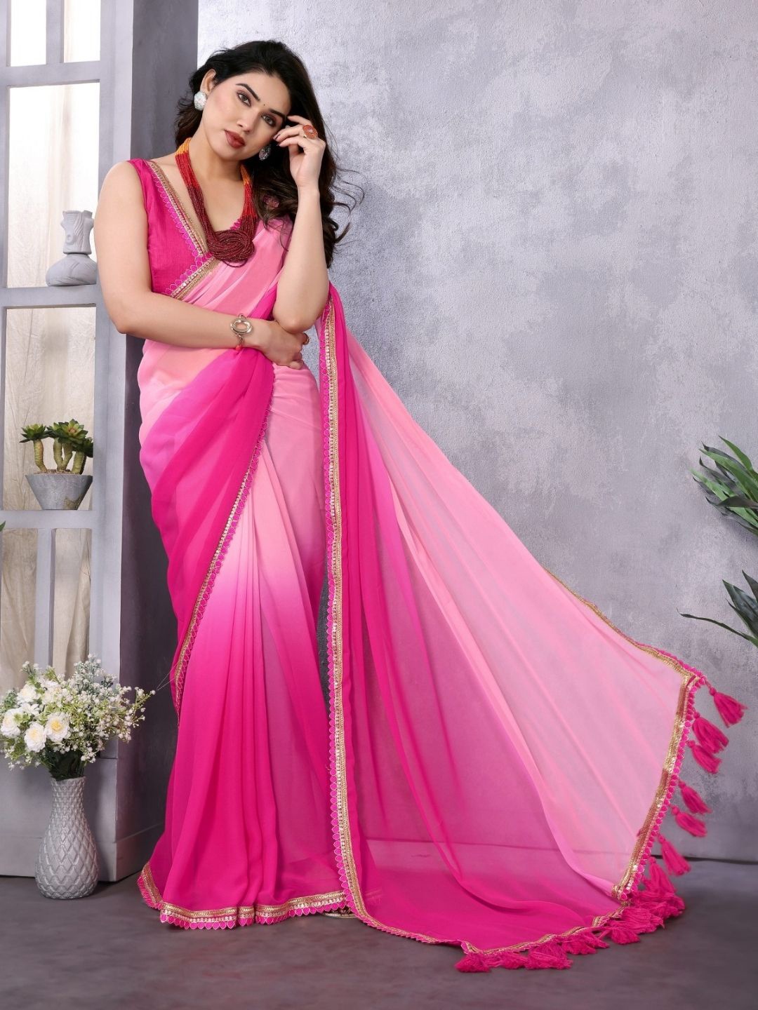 

MAGMINA Ombre Sequinned Pure Georgette Banarasi Saree, Pink