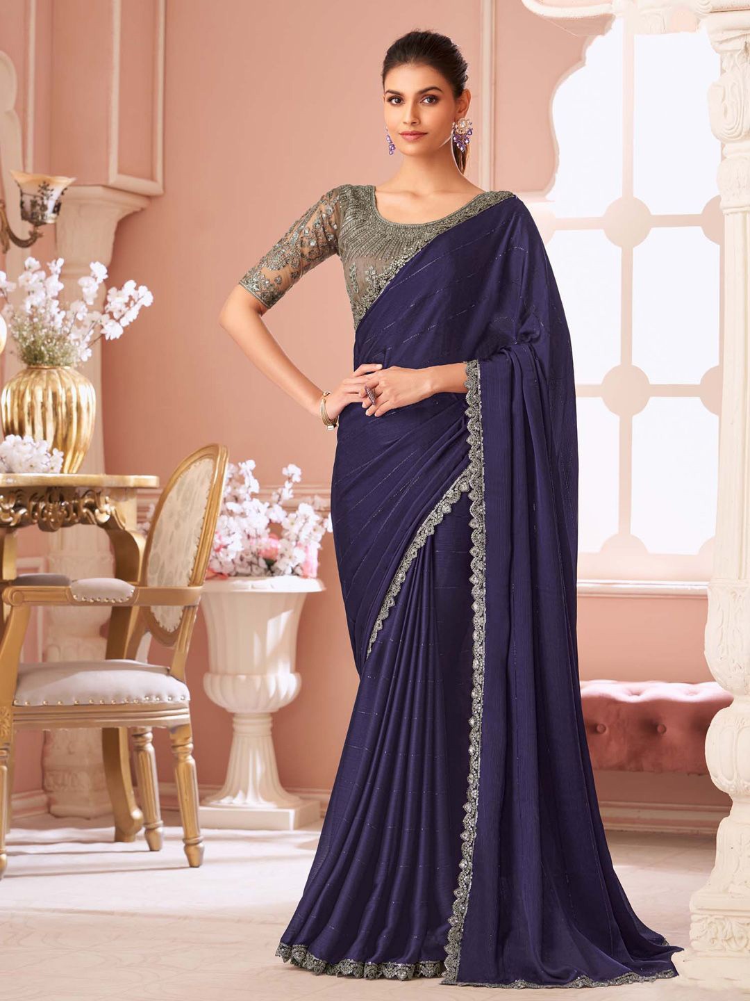 

Mitera Sequinned Satin Saree, Purple