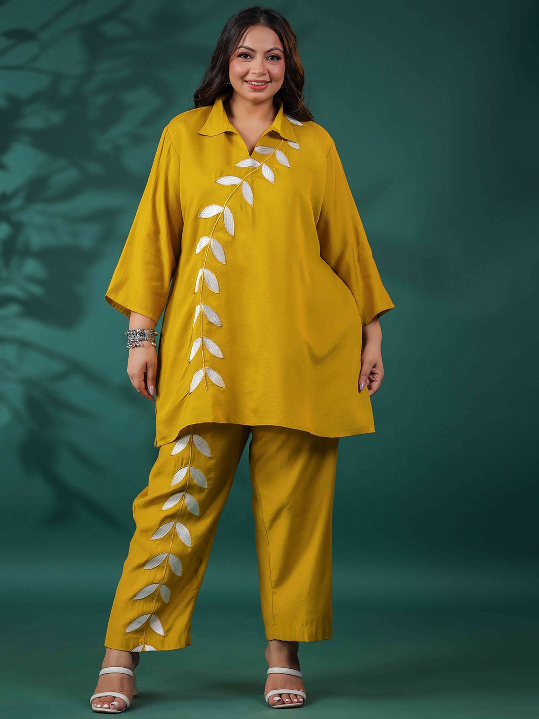 

LALI JAIPUR Plus Size Embroidered Shirt Collar Tunic & Trouser, Mustard