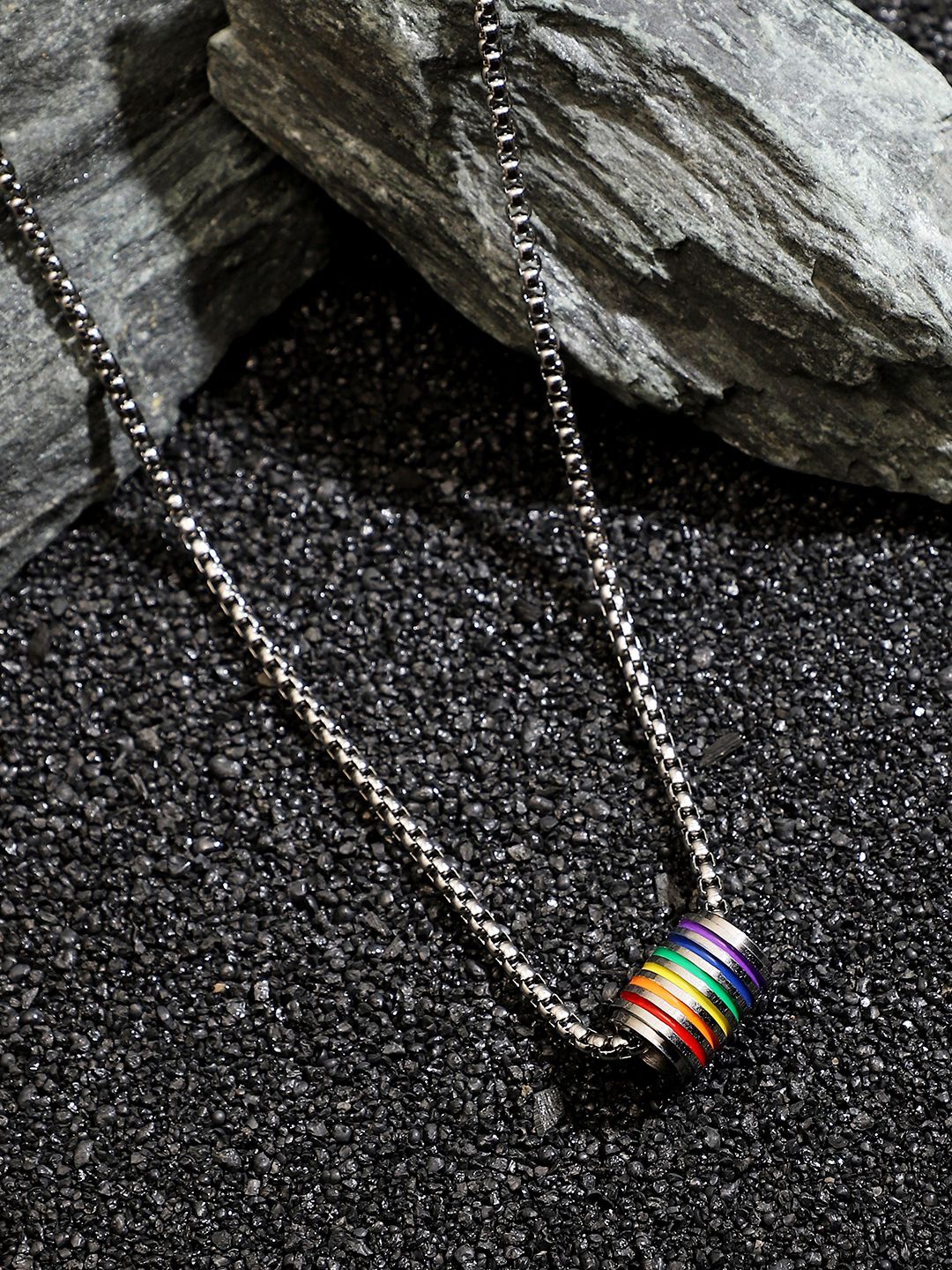 

French Accent Prism-Rod Metallic Silver-Plated Circular Shaped Pendants With Chains