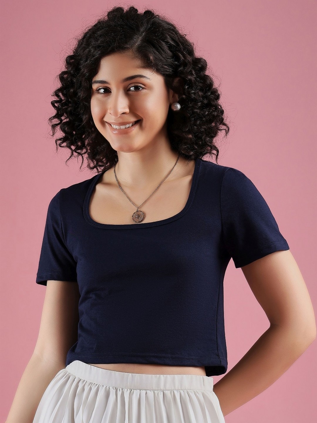 

DressBerry Women Solid Scoop Neck Cotton T-shirt, Navy blue