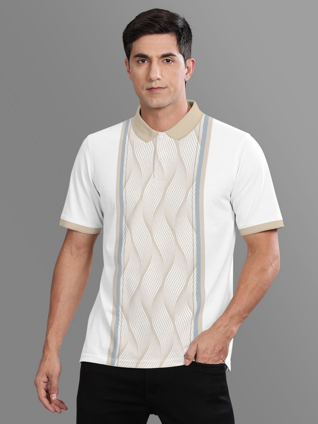 

BULLMER Men Geometric Printed Polo Collar Cotton T-shirt, Beige