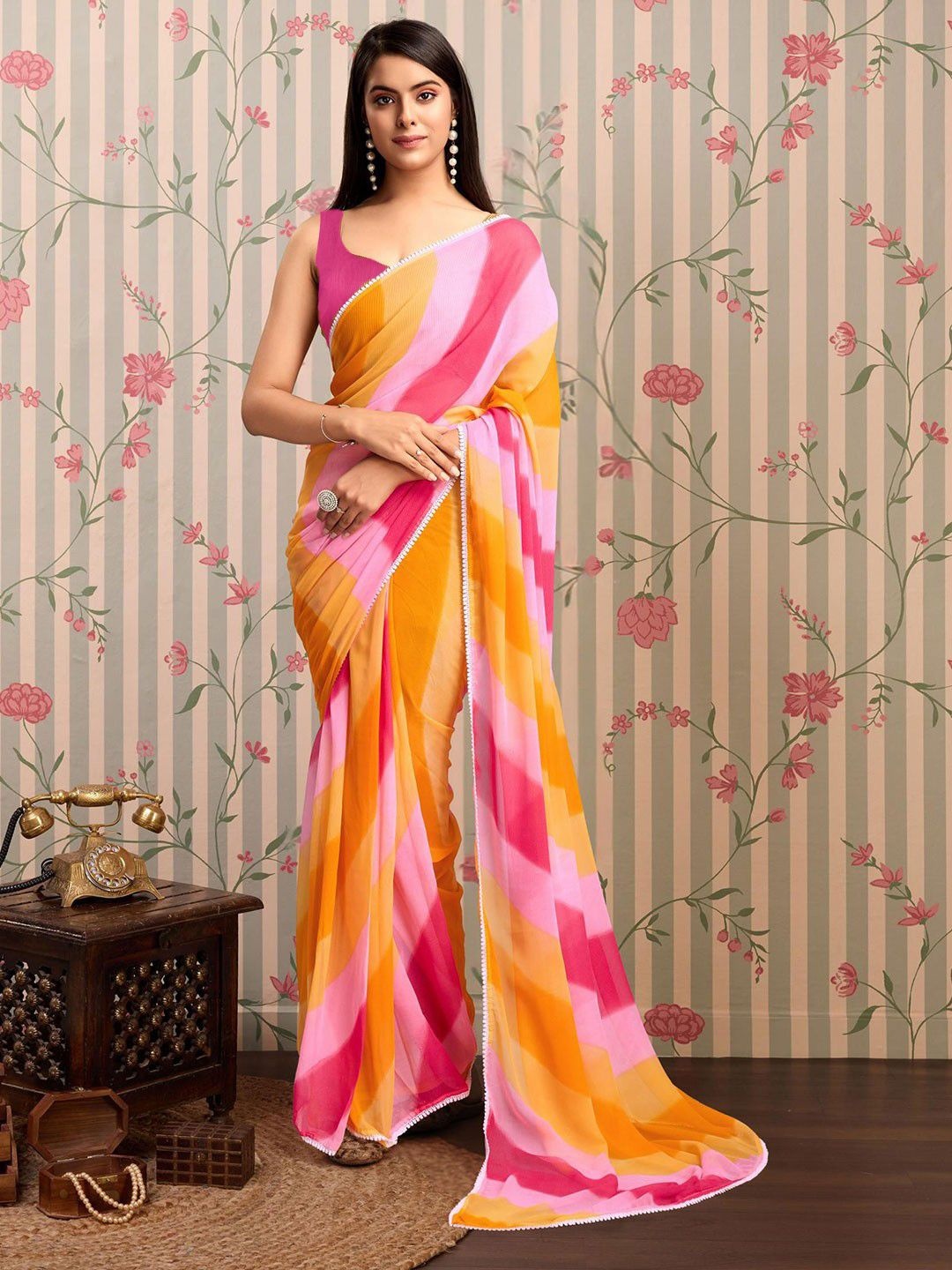 

Moda Rapido Leheriya Gotta Patti Pure Georgette Ready to Wear Leheriya Saree, Orange