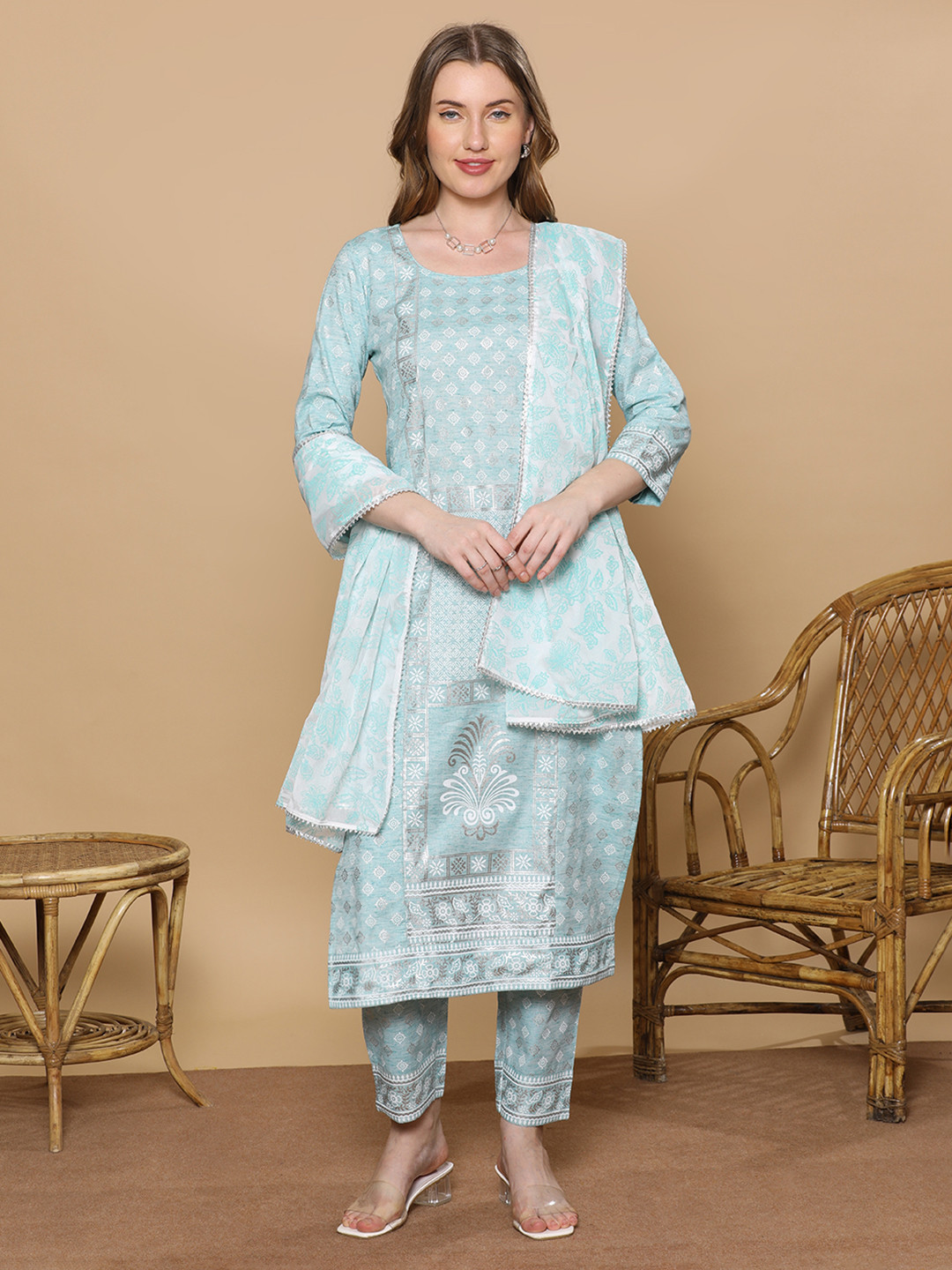 

DUMMY SHAPE Ethnic Motifs Printed Straight Kurta With Trouser And Dupatta, Blue