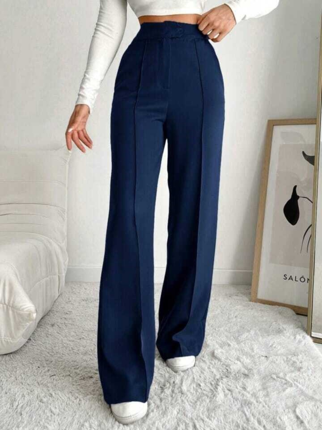 

BROADSTAR Women Smart High-Rise Easy Wash Pleated Trousers, Navy blue