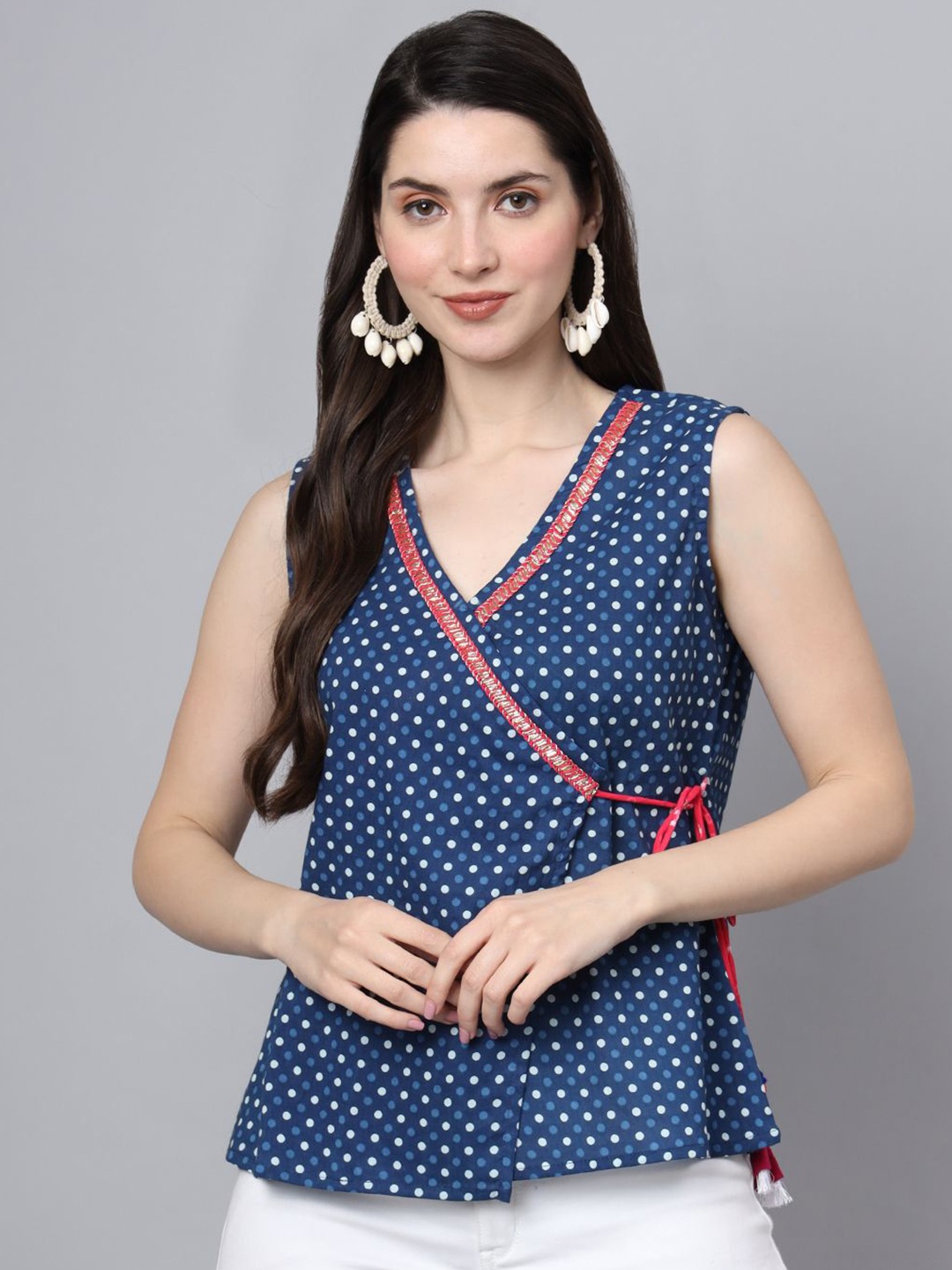 

JAPER KURTI Women Polka Dot Printed Wrap Style Top, Blue