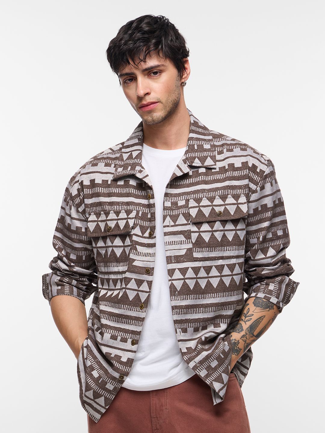 

The Souled Store Geometric Printed Opaque Casual Shackets, Brown
