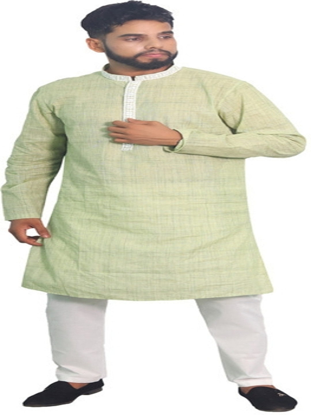 

House of Aqss Mandarin Collar Thread Work Pure Cotton Straight Kurta With Pyjamas, Green