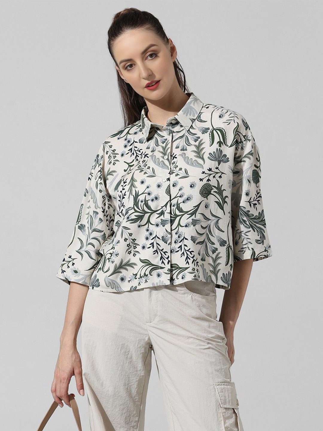 

KATECLO Women Floral Printed Flared Sleeve Cotton Shirt Style Crop Top, White