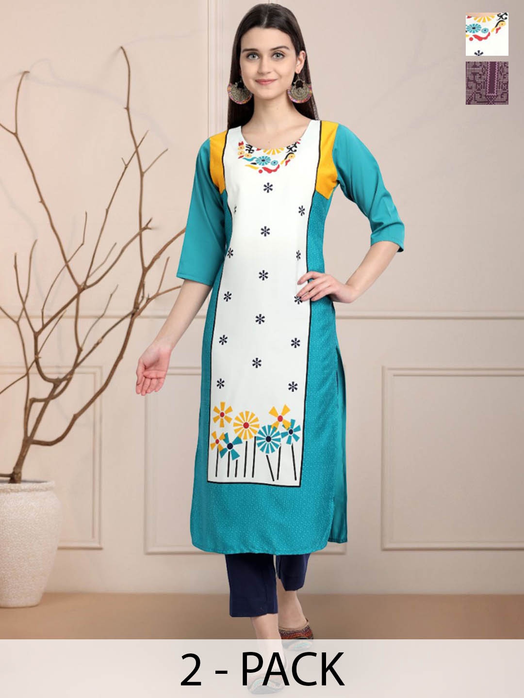 

Moda Rapido Blue & White Selection Of 2 Floral Printed Round Neck Straight Kurtas