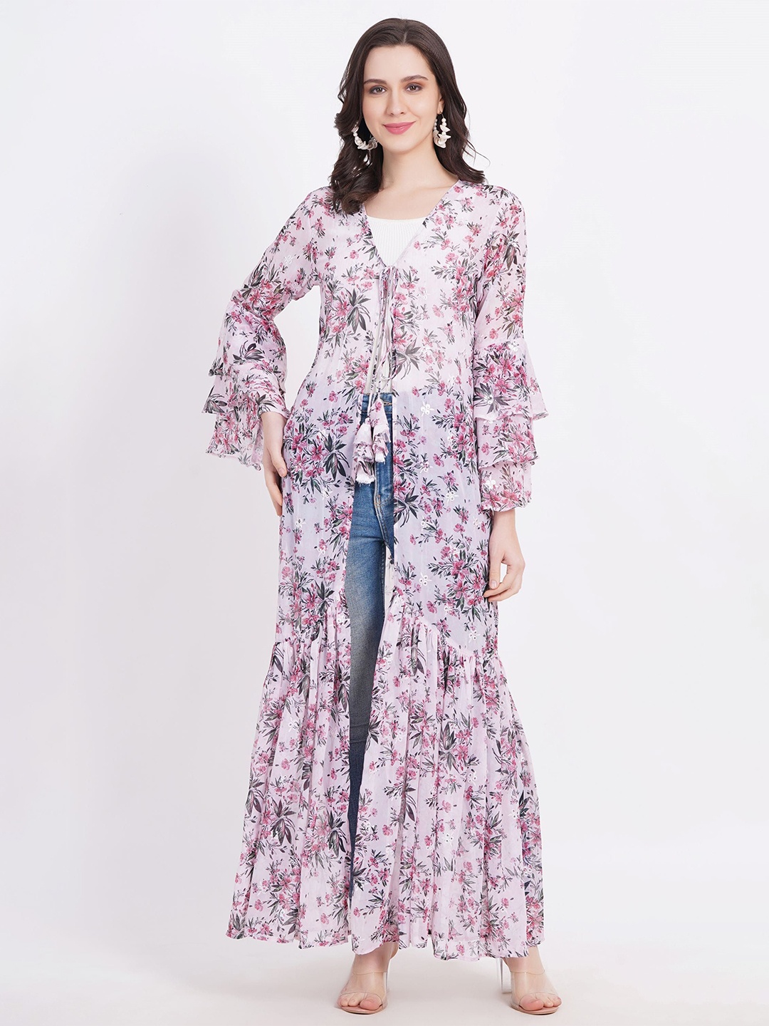 

SUFIZA LIFESTYLE Floral Printed Longline Tie-Up Georgette Shrug, Pink