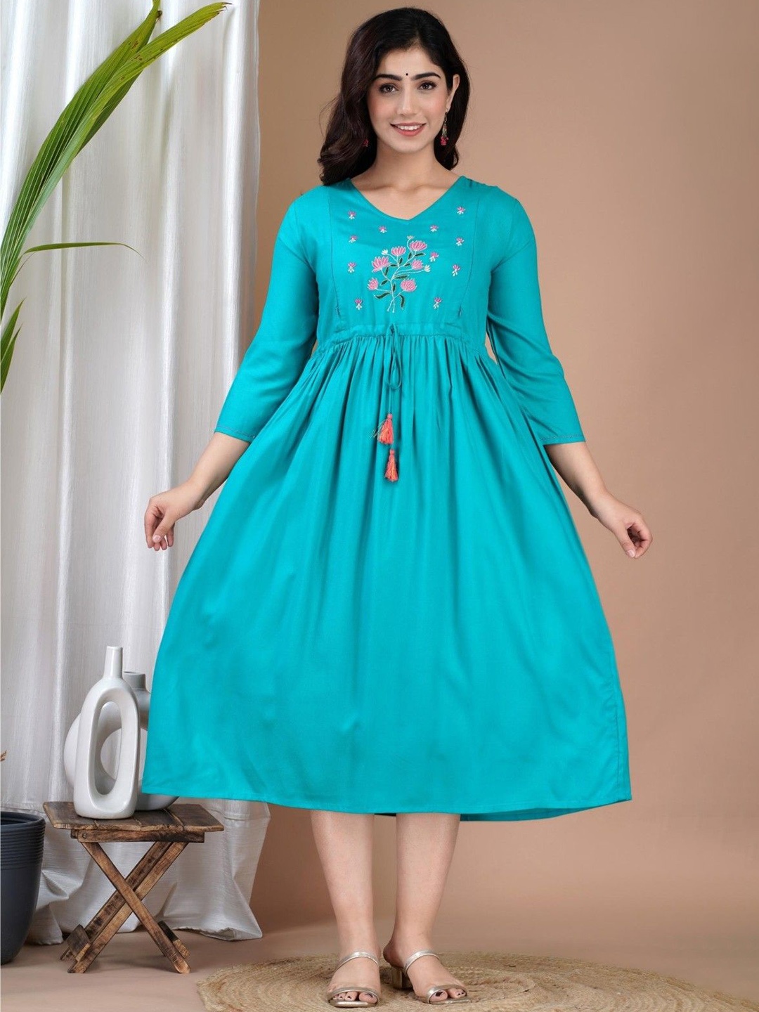 

clothonus Asha Floral Embroidered V-Neck Fit & Flare Maternity Ethnic Dress, Blue