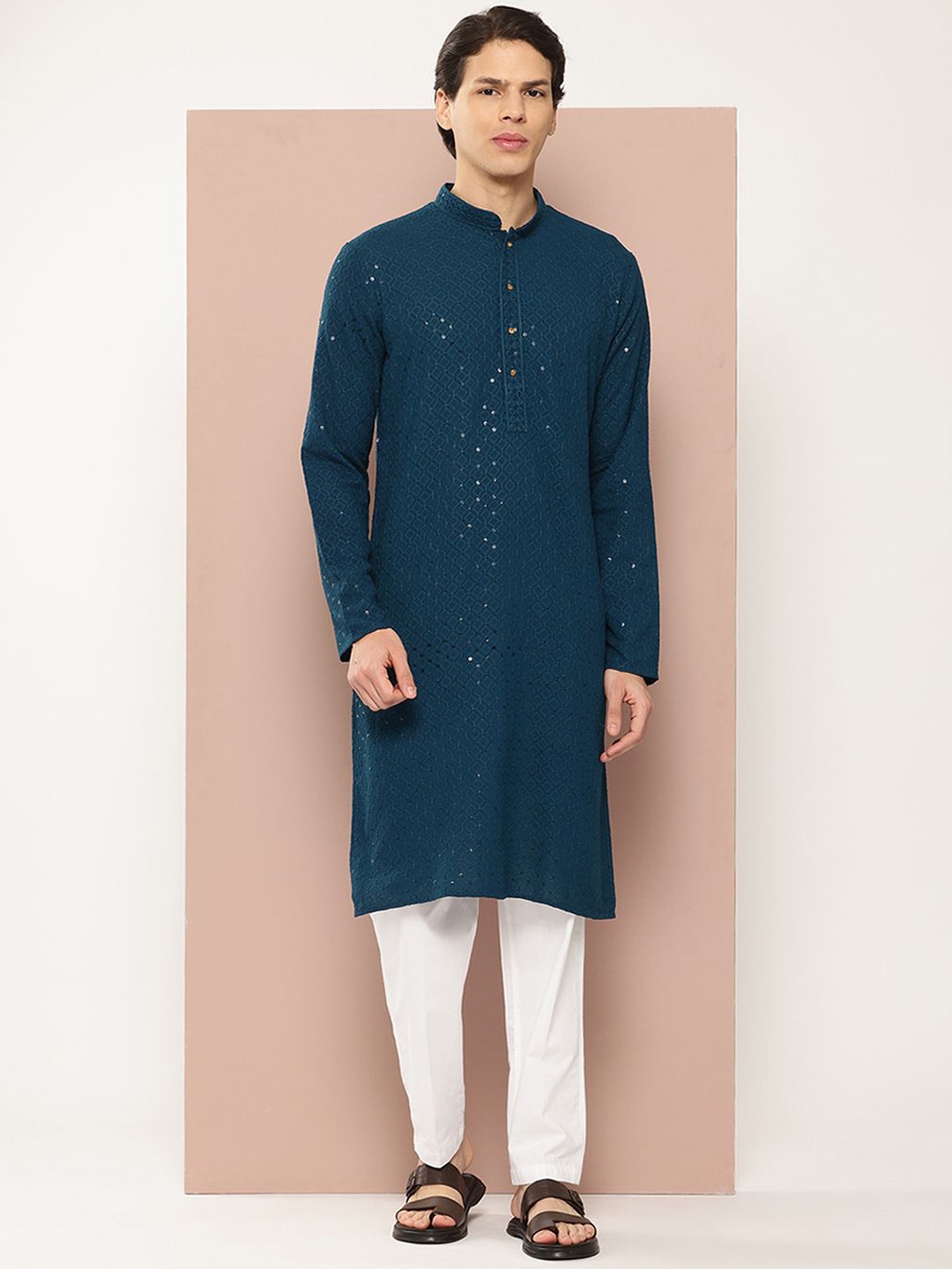 

See Designs Woven Design Mandarin Collar Straight Kurta, Teal