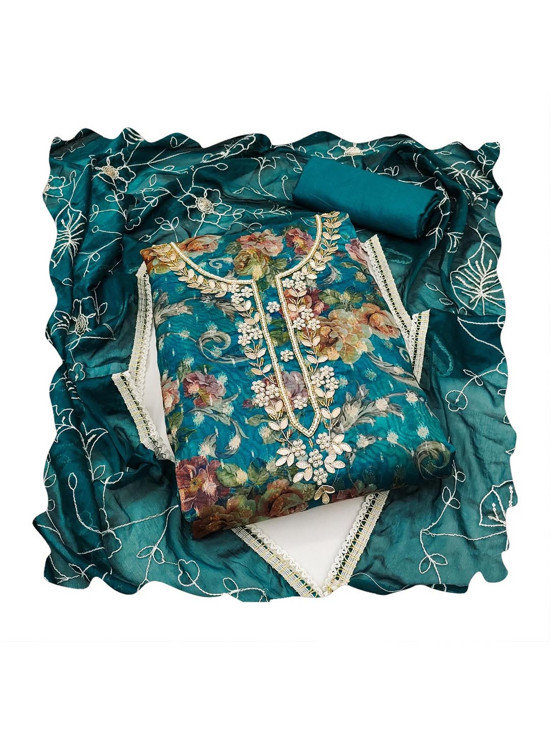 

NEGRONI Floral Printed Beads And Stones Organza Unstitched Dress Material, Blue