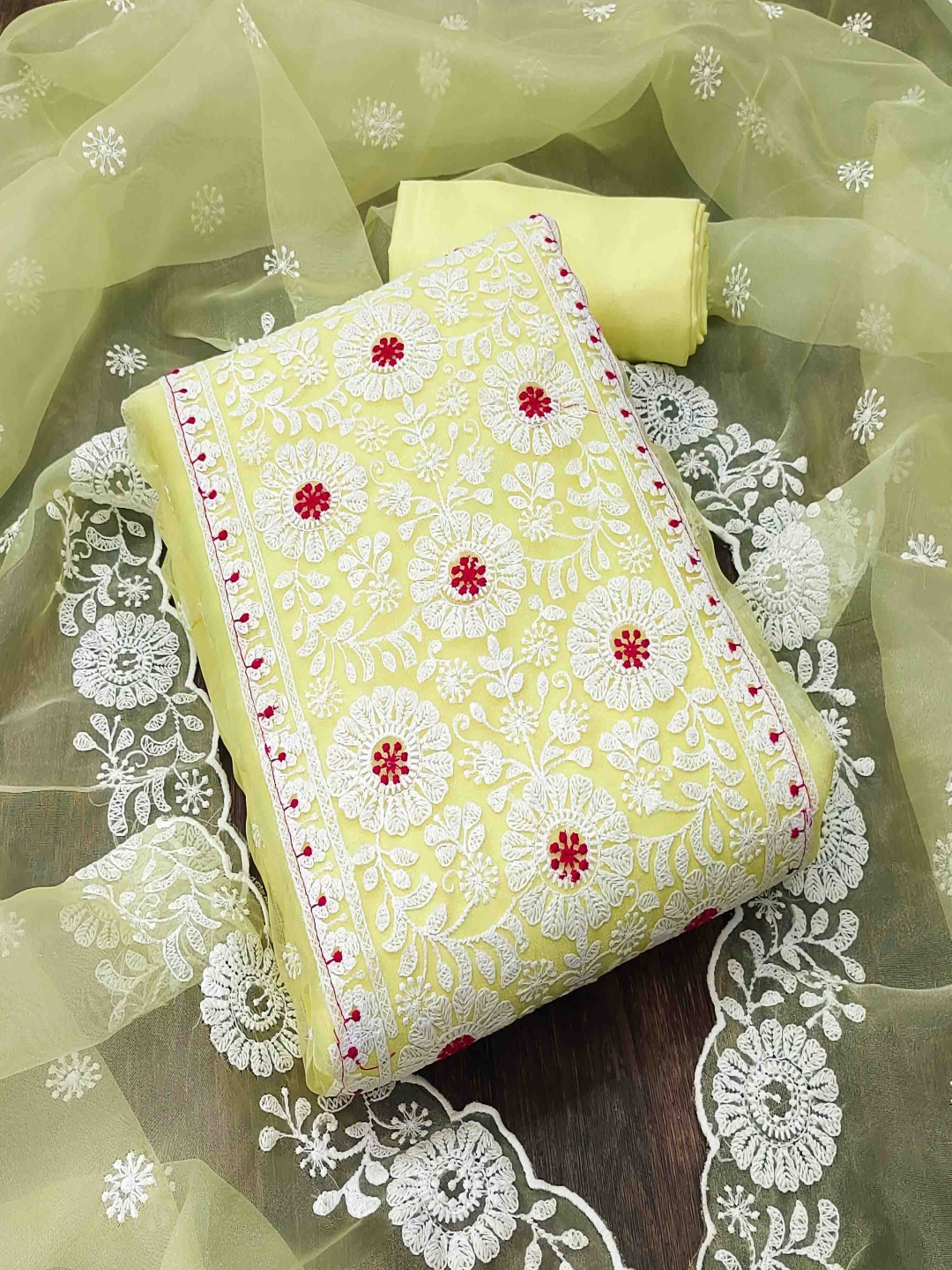 

Blissta Floral Embroidered Organza Unstitched Dress Material, Yellow
