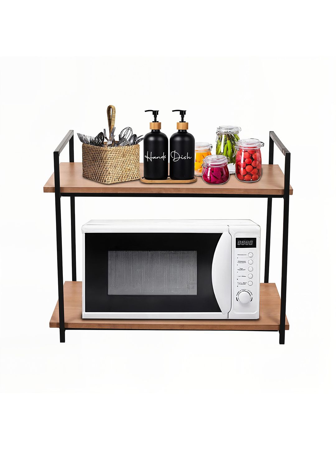 

Kuber Industries Brown & Black 2 Layer Wooden Microwave Oven Rack