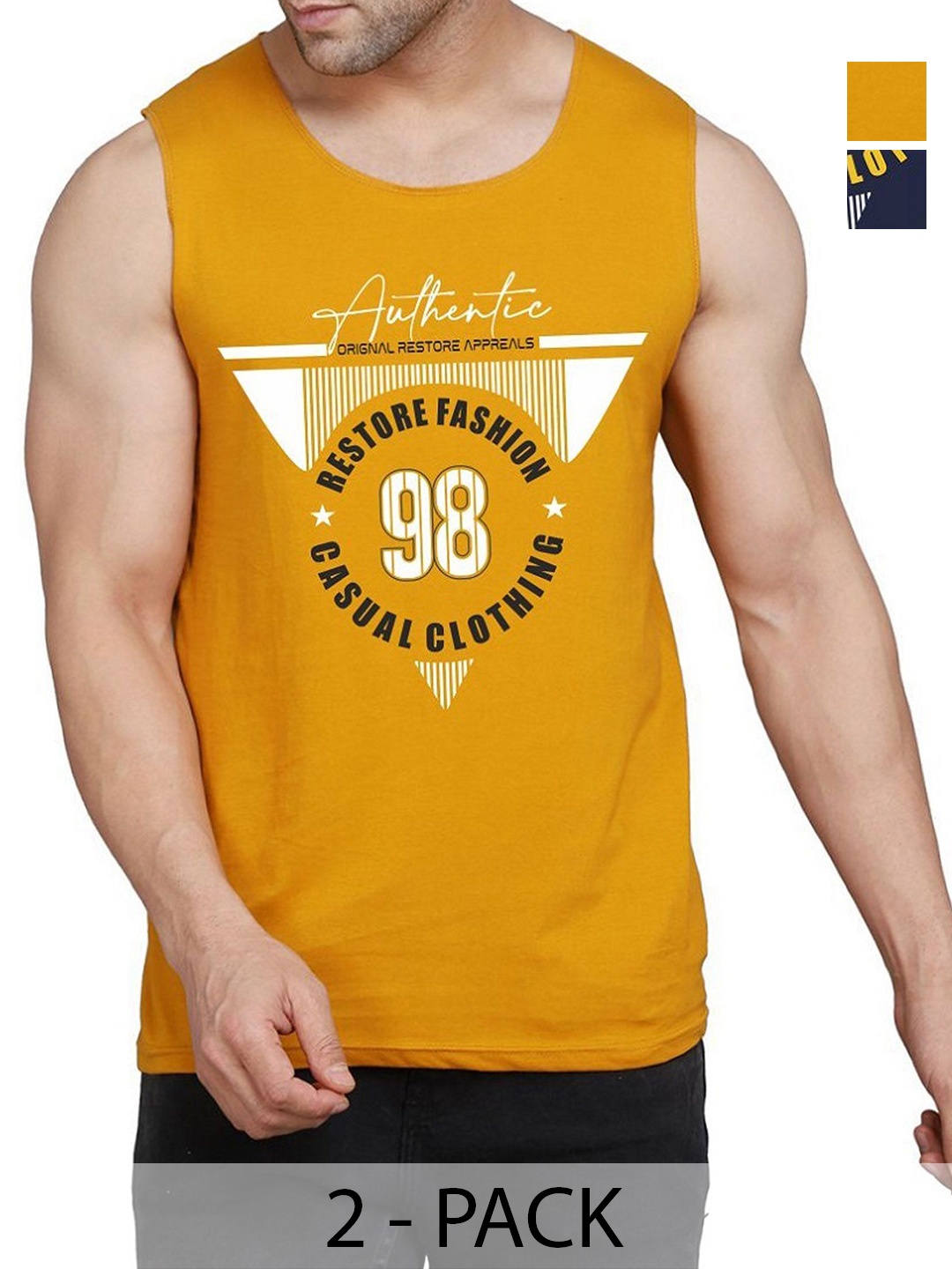 

WOOSTRO Men Pack Of 2 Typography Printed Round Neck Cotton Slim Fit T-shirts, Mustard