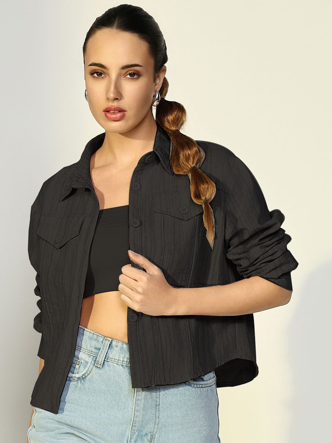 

SHOWOFF Women Spread Collar Solid Cotton Casual Windcheater Tailored Jacket, Black