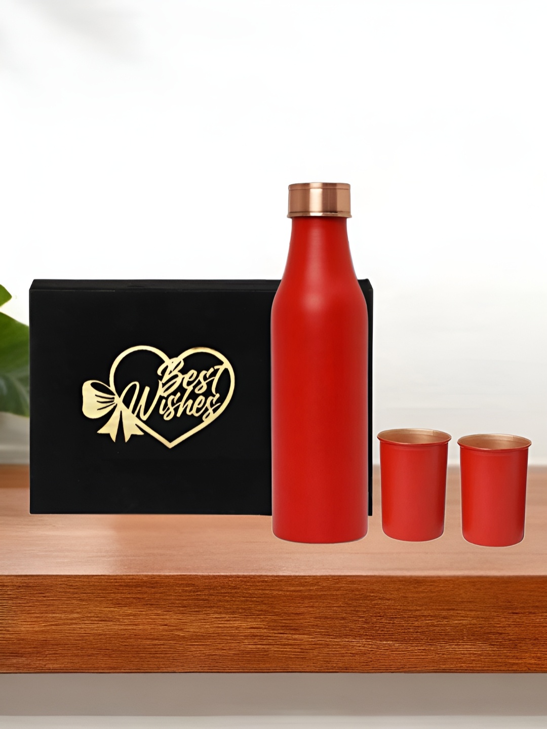 

INTERNATIONAL GIFT Red Set Of 3 Pure Copper Water Bottle With Glass Set Box & Bag 950ml