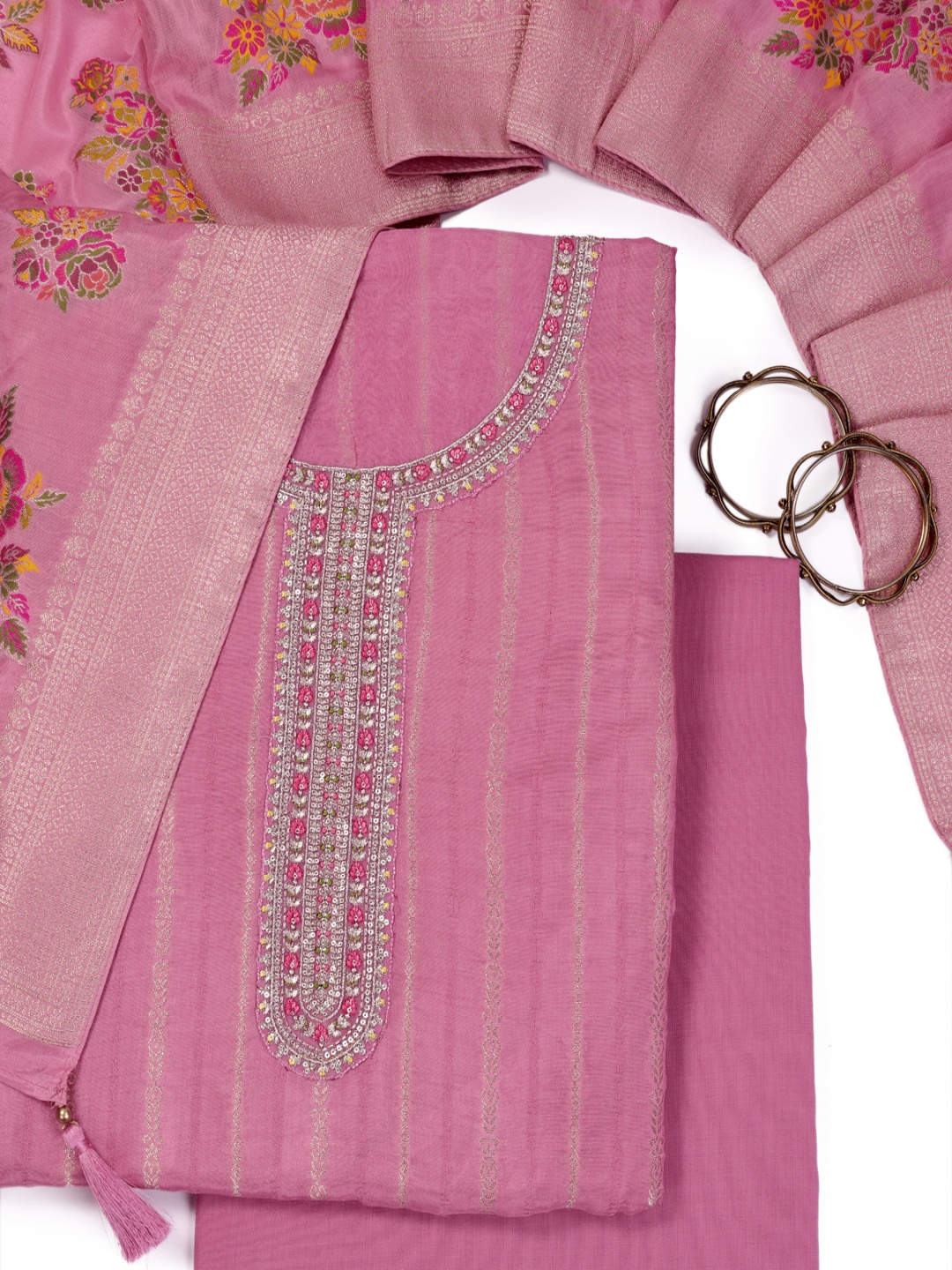 

KULEESH Ethnic Motifs Woven Design Sequinned Pure Silk Unstitched Dress Material, Pink