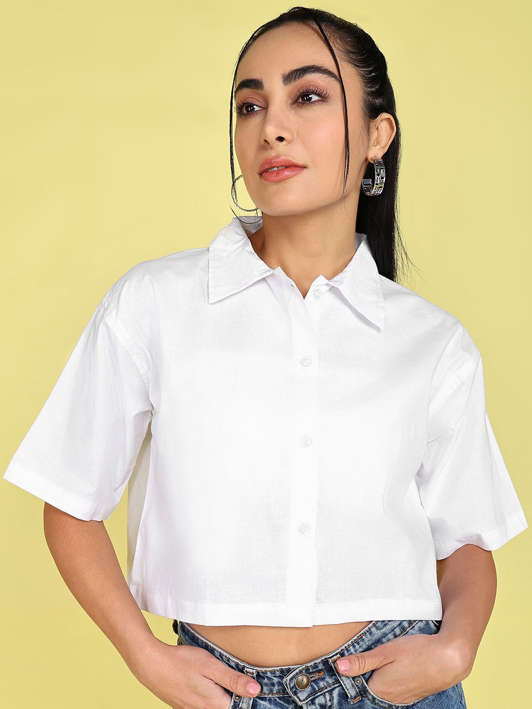 

KASHIAN Women Boxy Fit Spread Collar Solid Cotton Casual Shirt, White