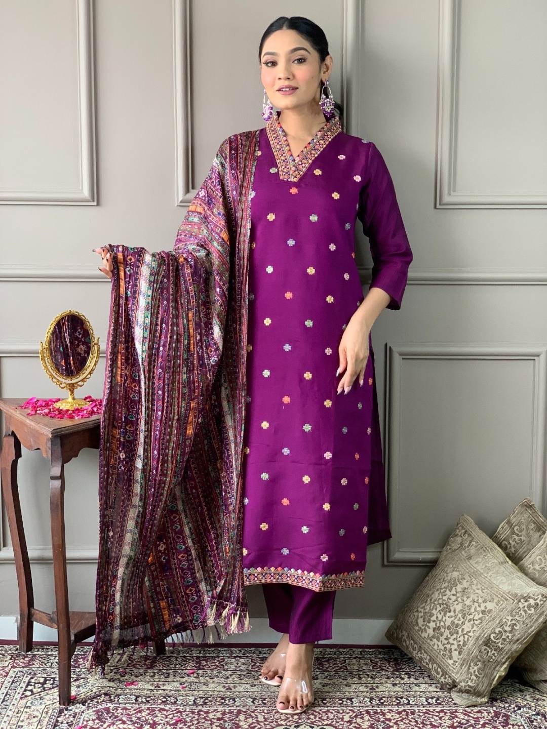 

Moda Rapido Floral Embroidered Thread Work Straight Kurta With Trousers And Dupatta, Purple