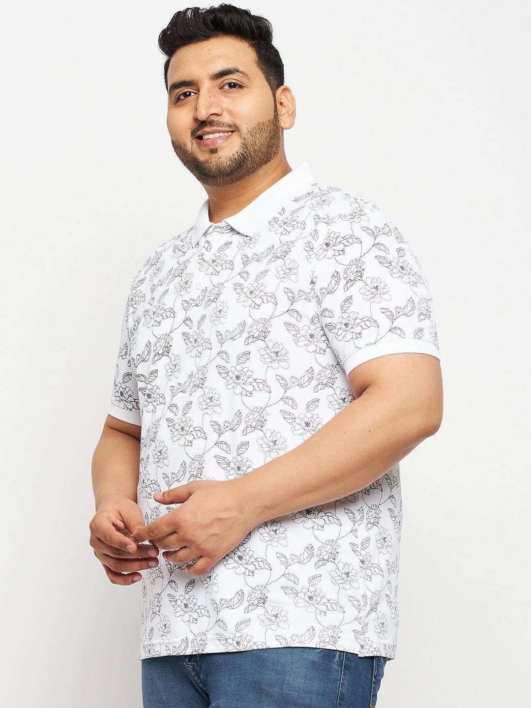 

AUXAMIS Men Plus Size Floral Printed Polo Collar Cotton T-shirt, White