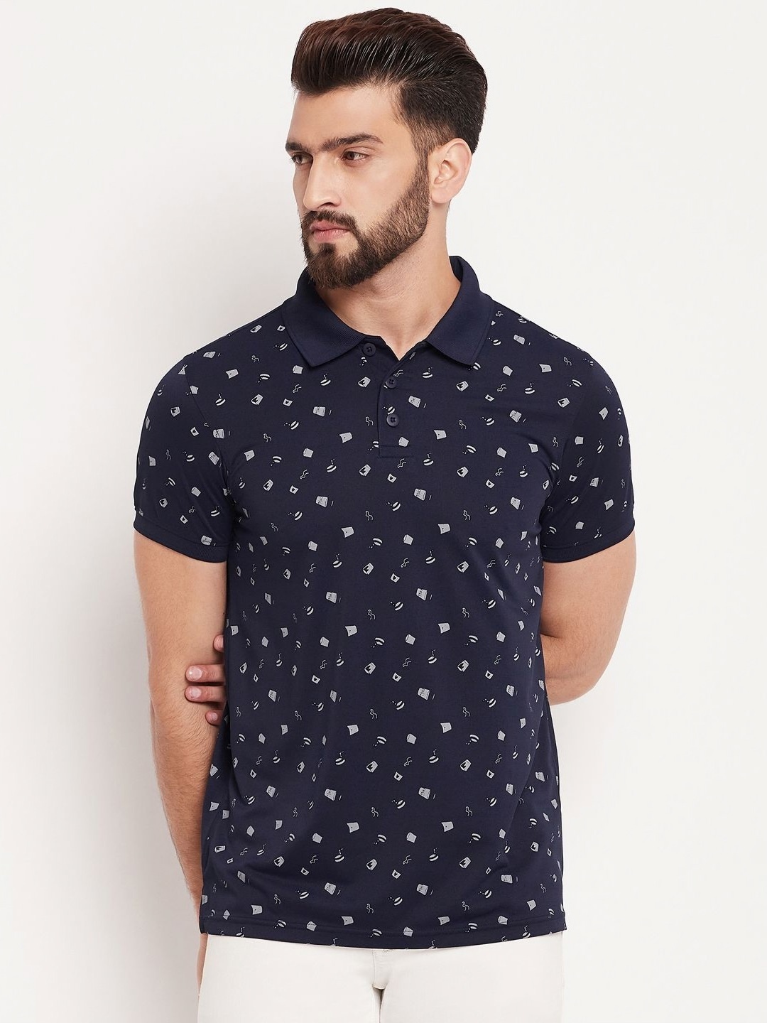 

AUXAMIS Men Printed Polo Collar Pockets T-shirt, Navy blue