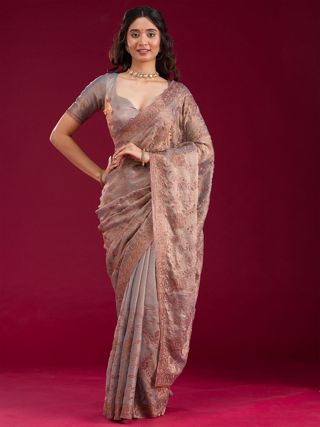 

Light Brown Threadwork Raw Silk Saree