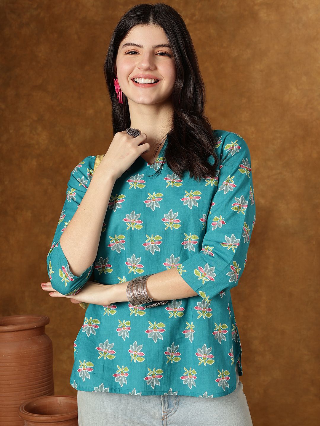 

KALINI Women Floral Printed Mandarin Collar Cotton Top, Sea green