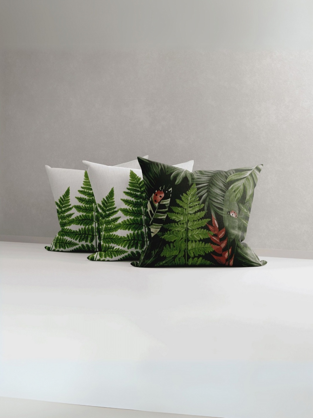 

LUSHLYF White & Green 3 Pieces Floral Printed Velvet Square Cushion Covers